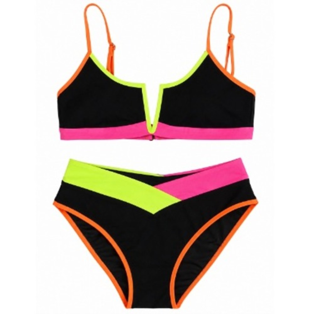 Popvil Women's Black Original‎ Fit V-Wire Color Block Bikini Set Size S NWT